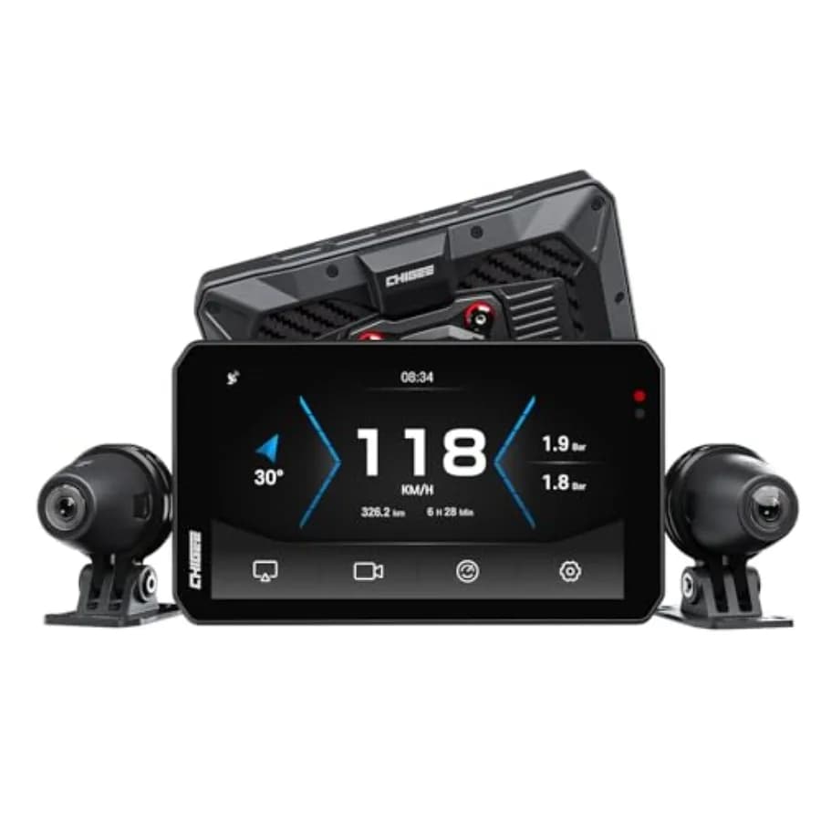 Sistema di Guida Intelligente per Moto AIO-5 EVO: CarPlay Wireless, Android Auto, Doppia Dash Cam 1080P, BSD, Display Impermeabile da 5 Pollici, Pa