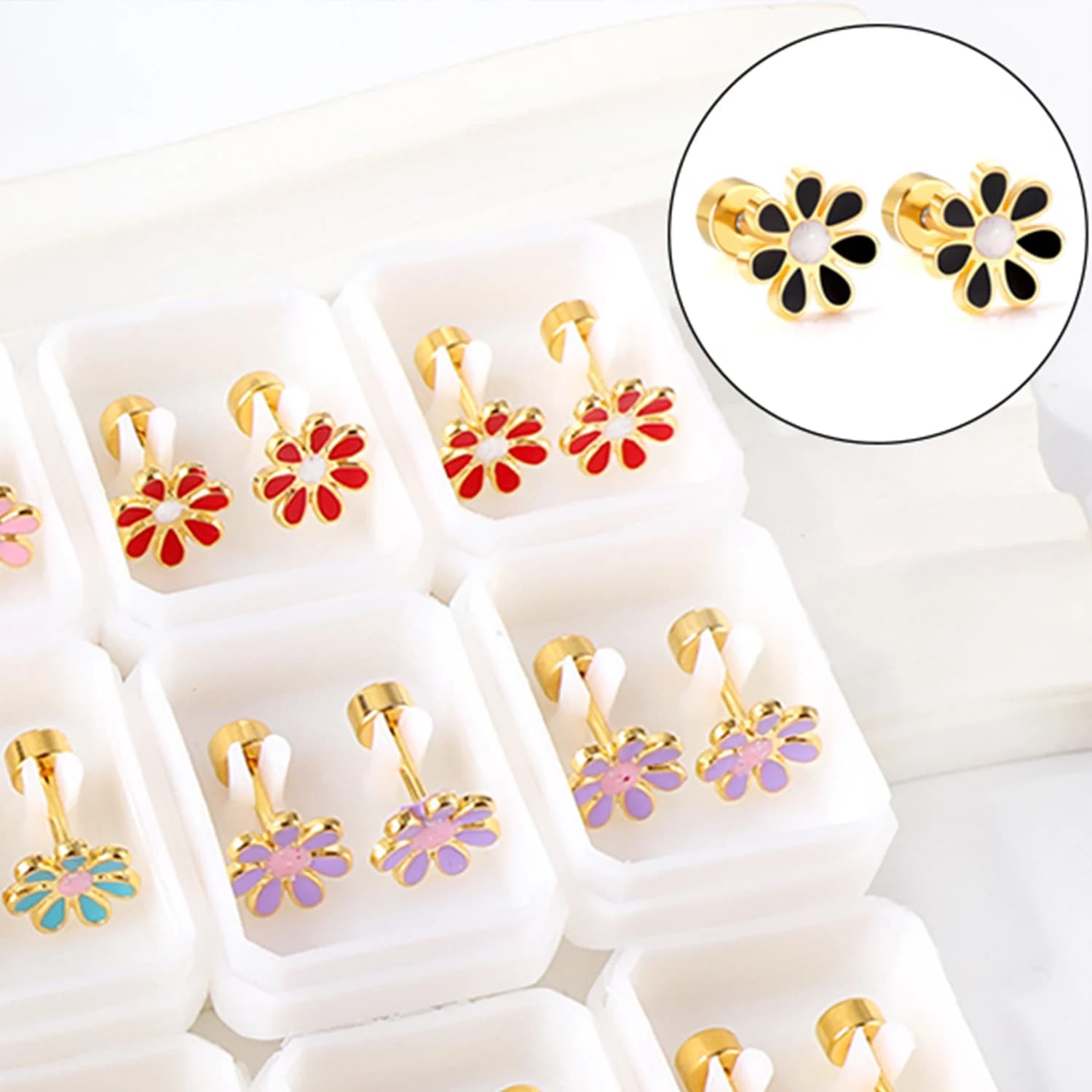 12 paia/scatola fiore margherita orecchini in acciaio inossidabile con glitter trendy carino ipoallergenico orecchini casual regalo gioielli 2024