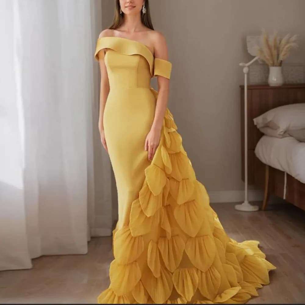 Customized Elegant Flows Evening Dresses with Ruffles Train Off the Shoulder Satin Birthday Party Gown With Remove Skirt