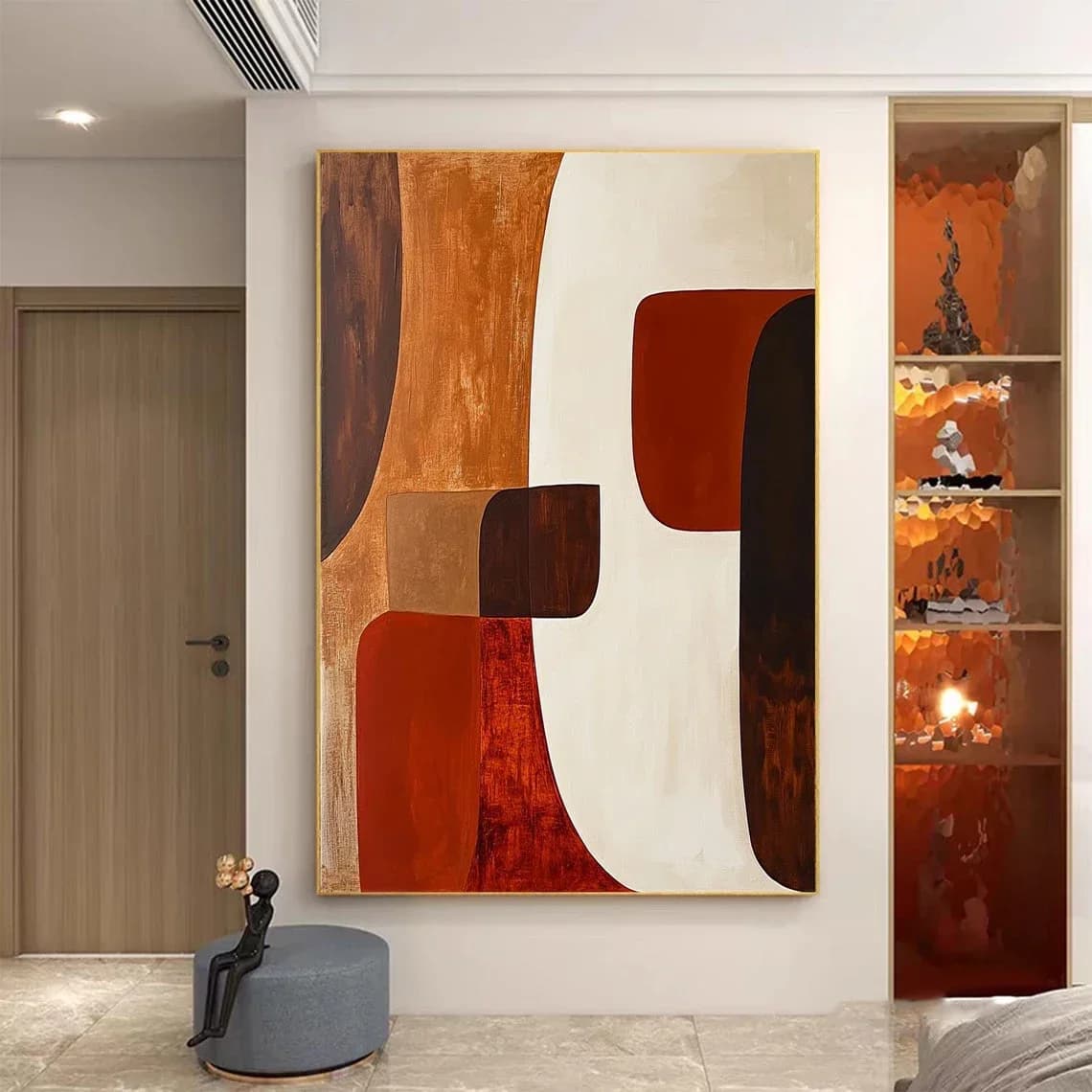 Large Abstract Geometric Handmade Painting Dark Brown Painting Red Wall Art Beige Minimalist Canvas Painting Living Room Deco