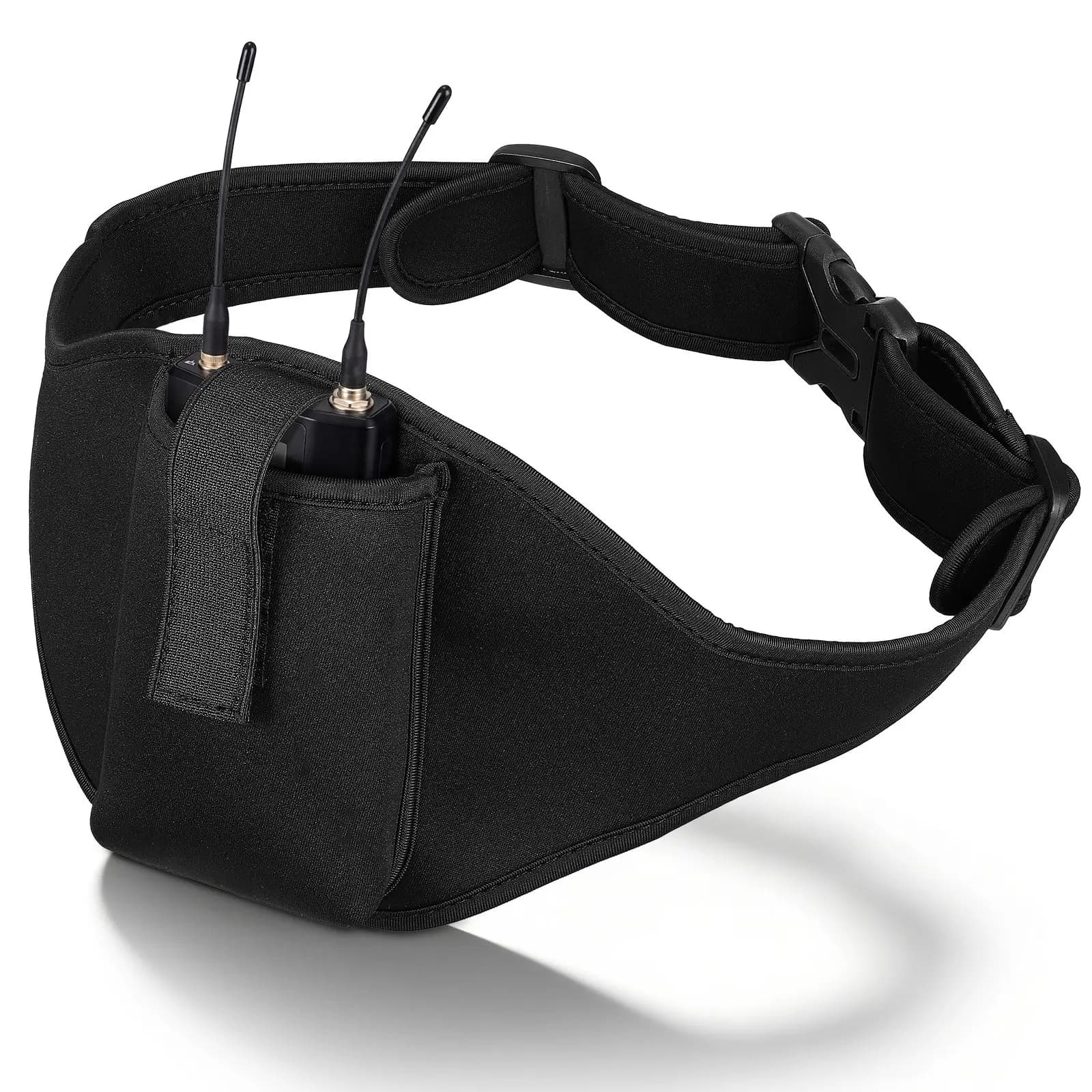 Cintura Fitness Regolabile Nera 85cm in Neoprene con Tasca per Microfono, per Palestra, Yoga, Outdoor, Porta Altoparlante, Borsa da Corsa