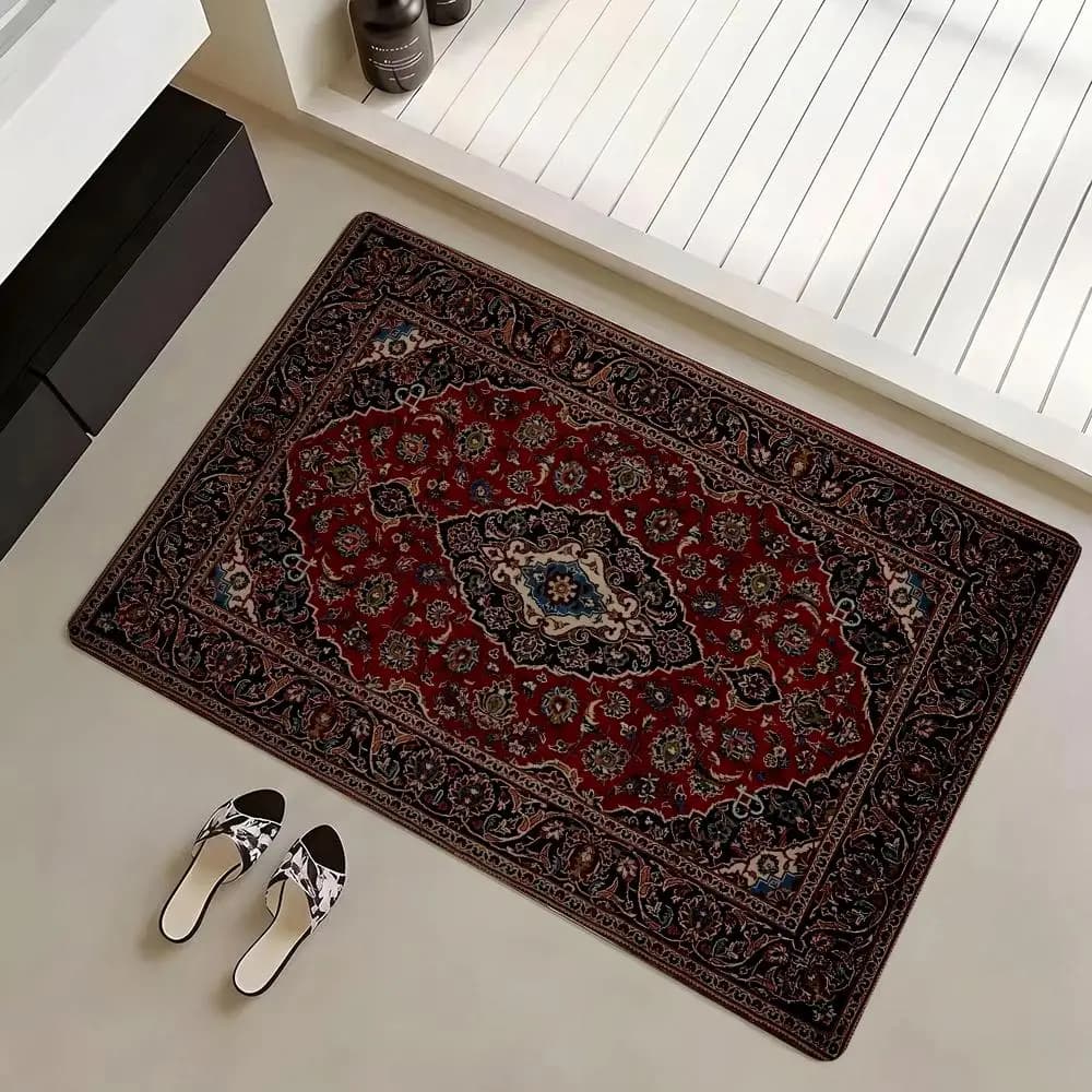 Floor Mat Eco Flannel Doormat Non-Slip Odorless Indoor Soft Short Plush Floor Rug Mysterious Red Persian
