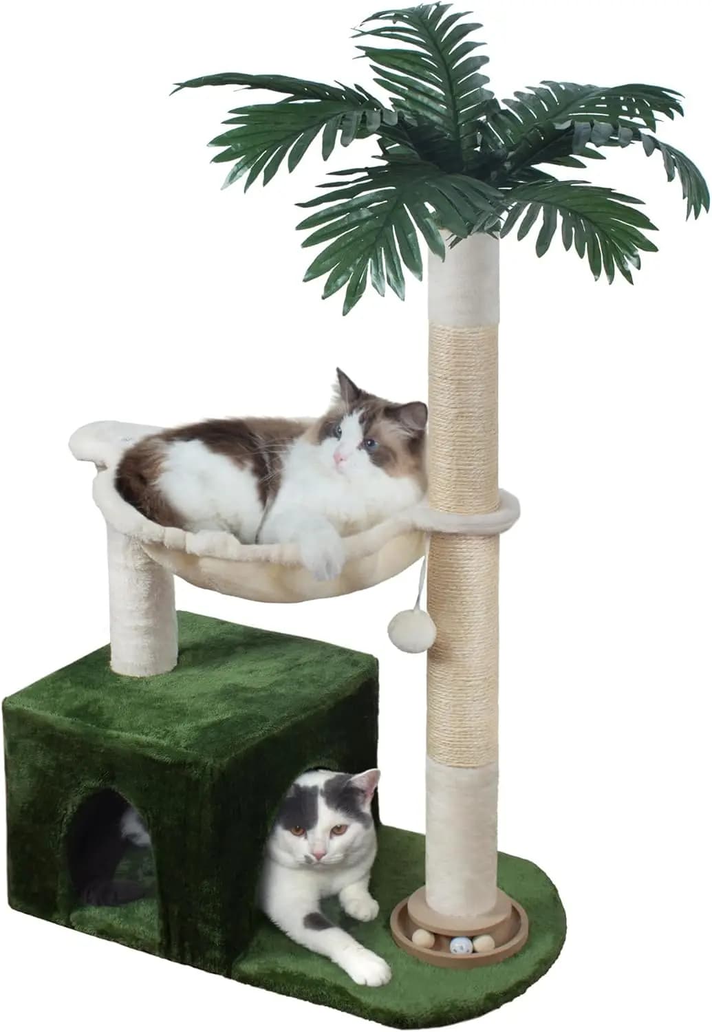 Albero per Gatti Verde e Bianco con Amaca, Tiragraffi, Cuccia e Palline da Gioco per Gatti da Interno
