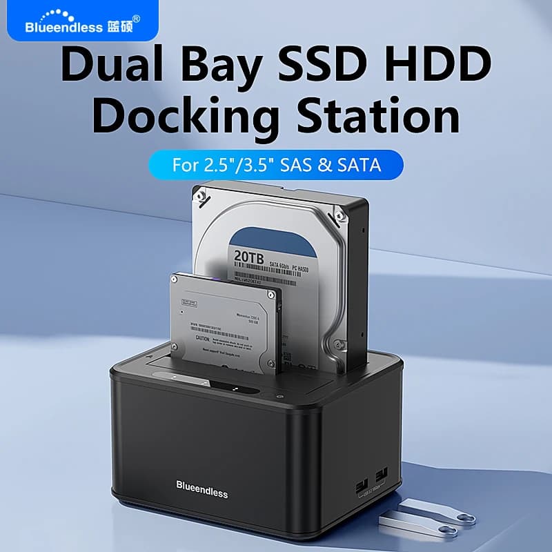 Blueendless Dual Bay 2.5/3.5 Inch SAS/SATA Hard Disk External Case Sata to USB 3.0 Hdd Docking Station Hdd Caddy Data Transfer