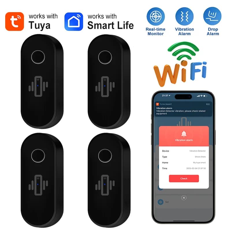 Sensore di vibrazione WiFi Tuya Rilevatore di rottura vetro wireless Allarme di sicurezza domestica intelligente Avviso in tempo reale Controllo remoto APP Smart Life
