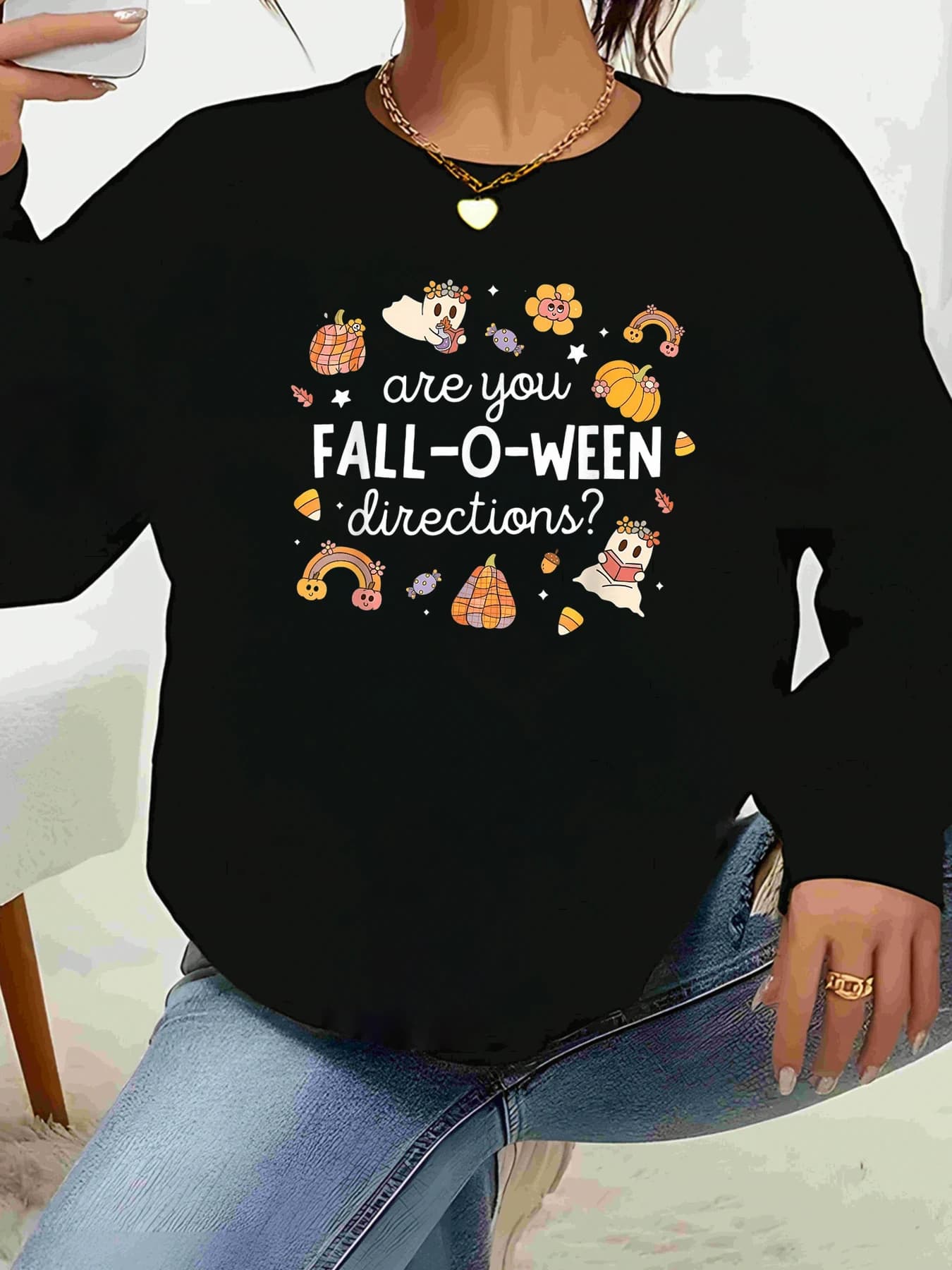 Long sleeve t-shirt with autumn ghost pumpkin print O Ween Women casual clothing for Halloween