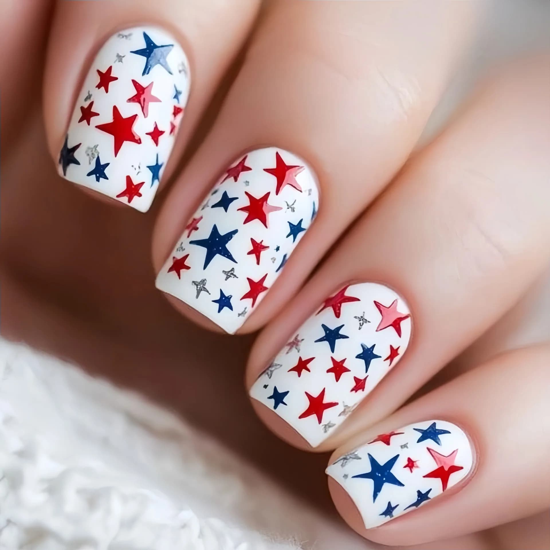 24 pezzi di decorazioni per unghie a tema stelle del Giorno dell'Indipendenza, nail art con design rosso, bianco e blu, unghie finte alla moda europee e americane
