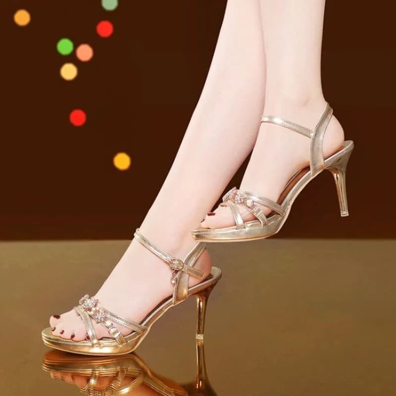 New Summer Luxury Designer 2023 Women's Fashion Sandals Gold Rhinestone Shoes High Heel Slim Ladies Elegant Party Dress Sandalias