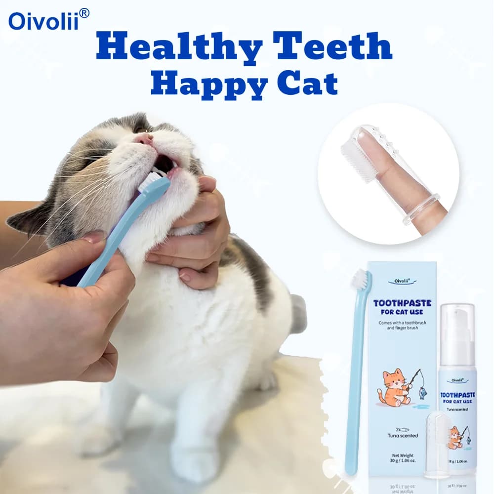 Dentifricio al gusto di tonno per gatti, formula sicura con spazzolino e spazzolino da dito per la pulizia quotidiana dei denti e la cura dentale degli animali domestici