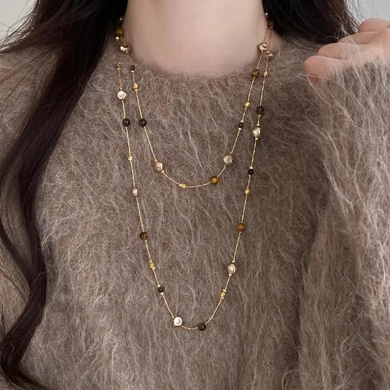 Collana Lunga Autunno-Inverno con Perle di Occhio di Tigre e Catena per Maglione, Nuovo Accessorio di Gioielleria Popolare per Donne