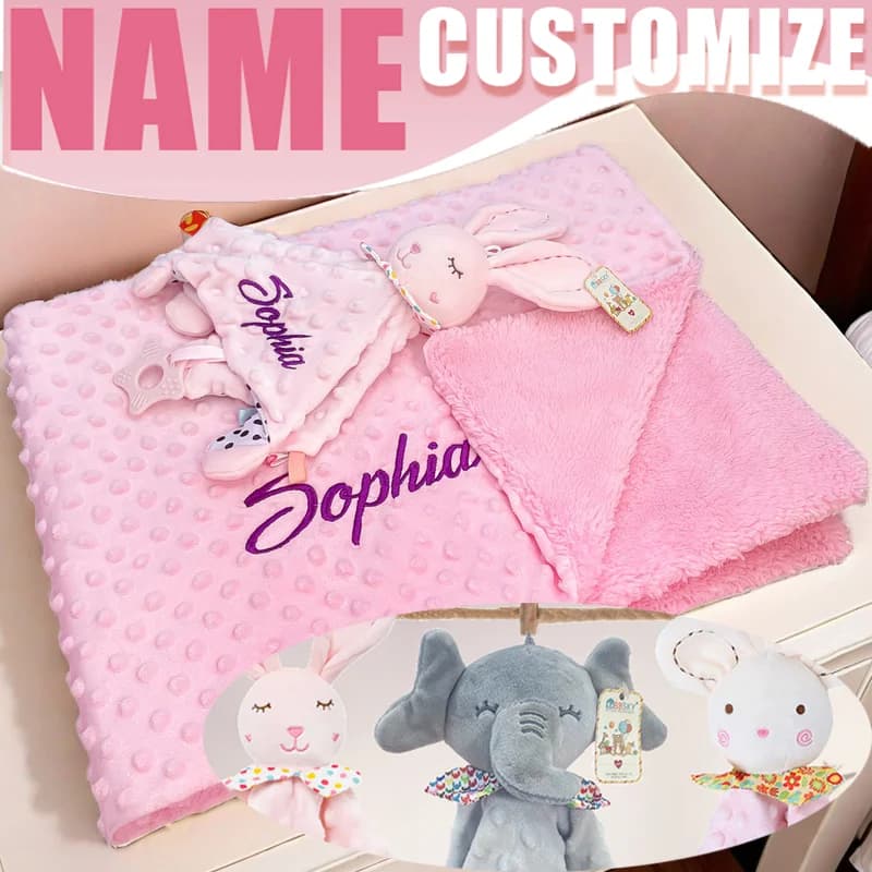 Coperta per bambini personalizzata con massaggiagengive in silicone, trapunta in cotone organico per regalo per la doccia del neonato, coperta di sicurezza ipoallergenica