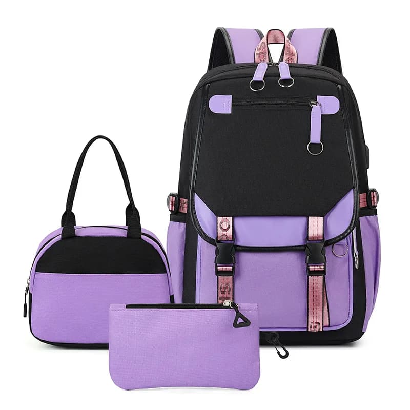 3pcs/set Light Water Resistant Color Block Nylon Backpack Casual College Style Bag For School Travel Laptop Storage