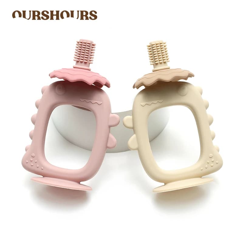 Massaggiagengive in silicone con dinosauro 2 in 1 per neonati Spazzolino da denti Articoli per neonati Giocattoli per dentizione masticabili per neonati dei cartoni animati Roba per bambini senza BPA