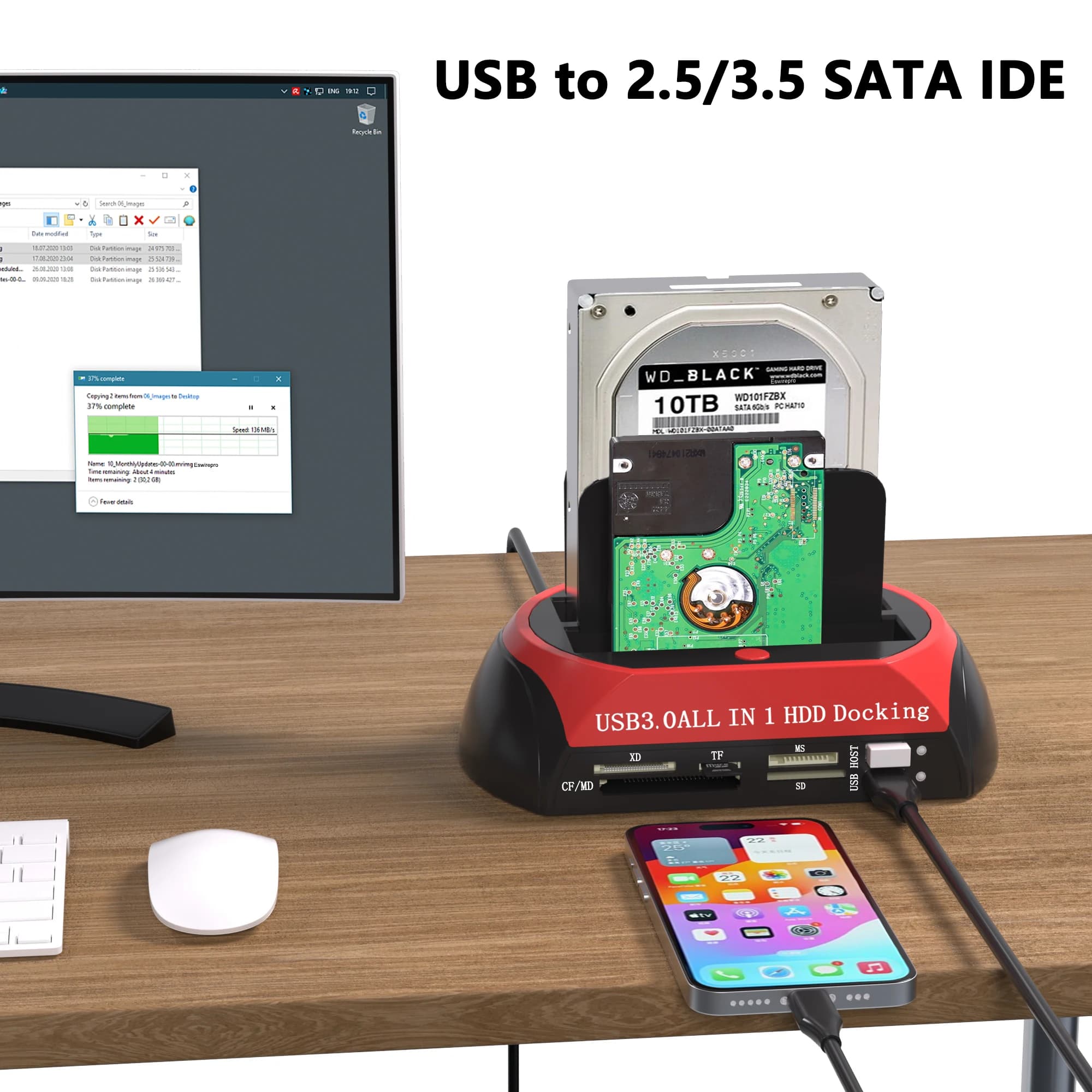 Lettore di dischi rigidi da USB a SATA IDE 2.5 da 3,5 pollici Docking station HDD SSD Doppio slot Custodia per disco rigido esterno HD esterno