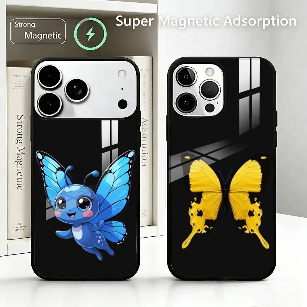 Cute Butterfly Shatterproof Luxury Glossy Finish Glass-textured Printed IPhone Case For IPhone 17/16 ProMax Plus AIR