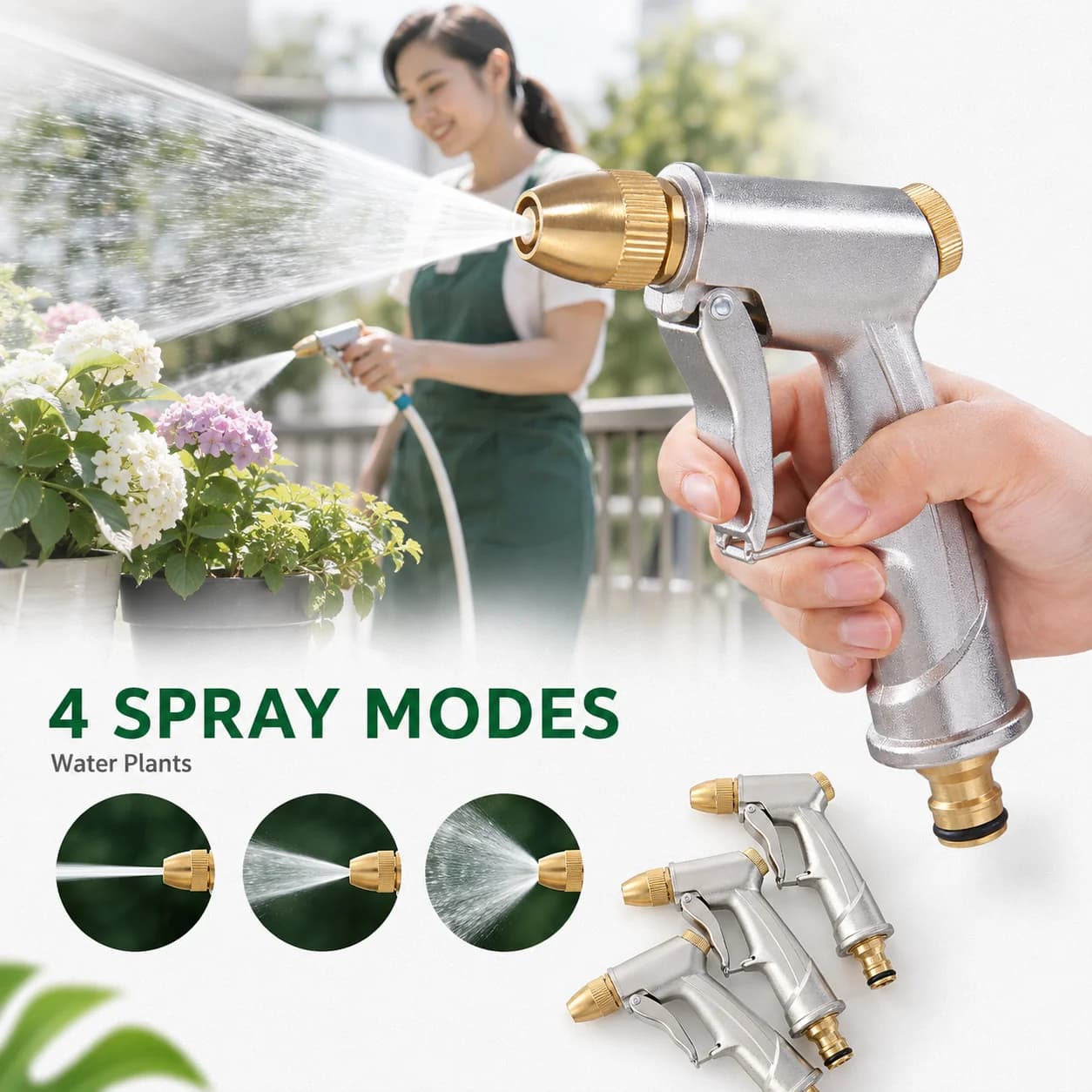 High Pressure Metal Hose Nozzle Heavy Duty Garden Water Gun 4 Spray Patterns for Car Wash Yard Cleaning Watering Use