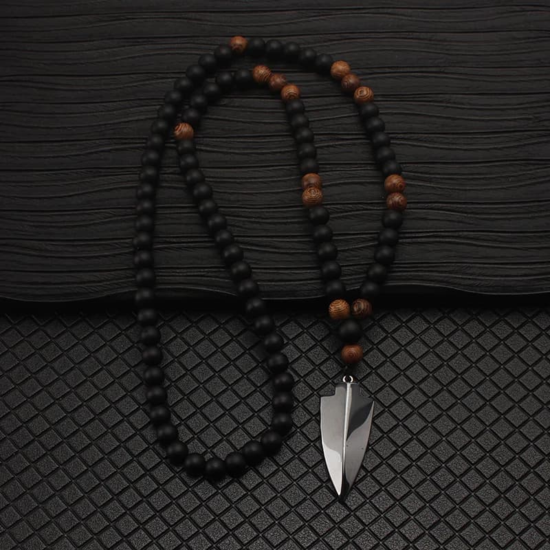 Collana con ciondolo a forma di freccia, perline nere e di legno da 8 mm, per regalo di gioielli da uomo