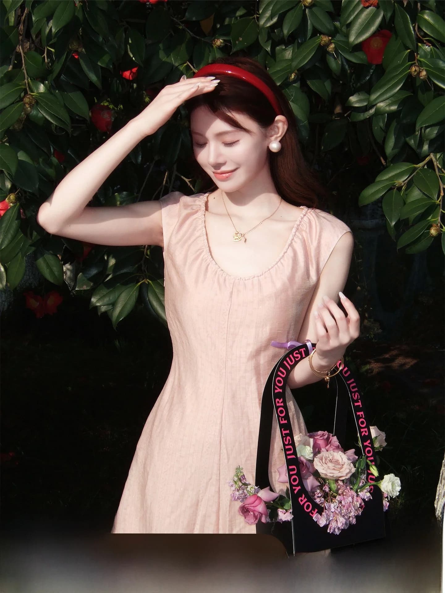 Abito Estivo da Donna Stile Coreano Senza Maniche, Rosa, Modellante, Vita Alta, Gonna a Trapezio, Chiusura con Cerniera Posteriore