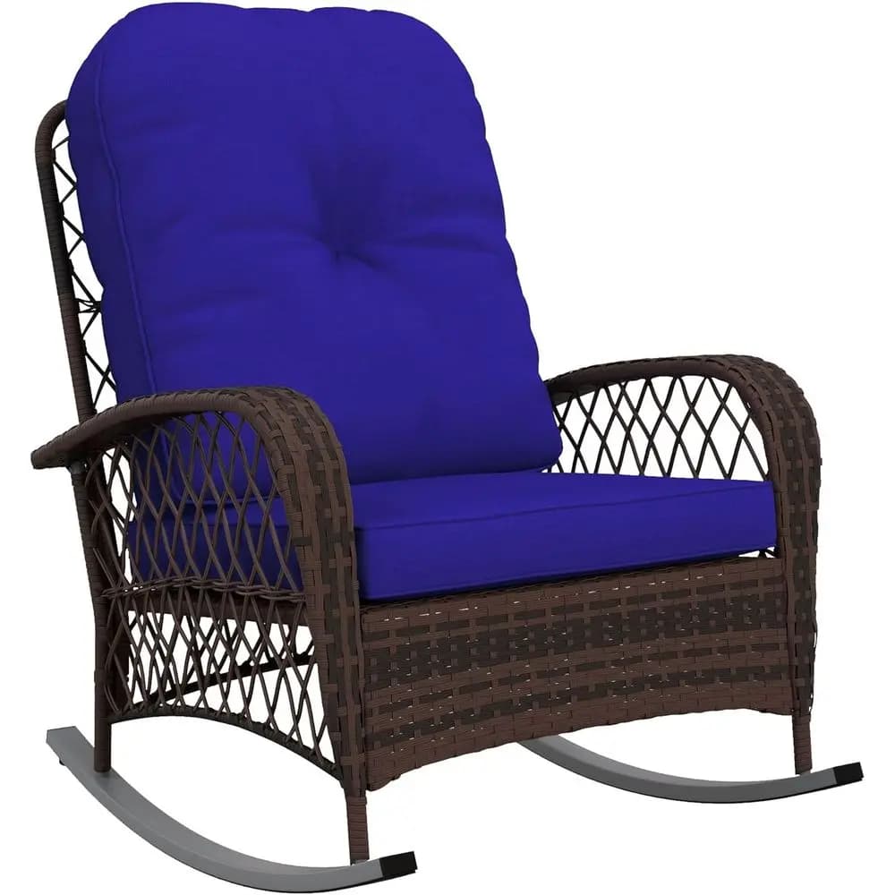 Sedia a dondolo da esterno in vimini con seduta ampia e cuscino morbido, dondolo in rattan blu per patio e giardino