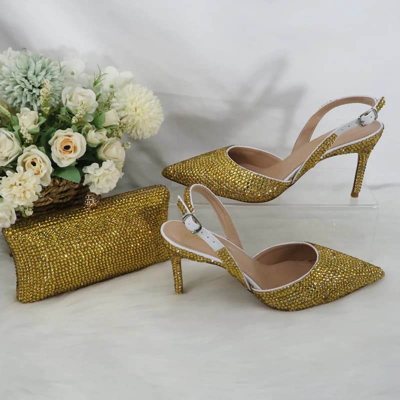 Nuovi arrivi 2022: Scarpe da sposa con punta dorata e borsa abbinata, scarpe da donna con tacco alto e sottile, slingback da festa, modello shallow.