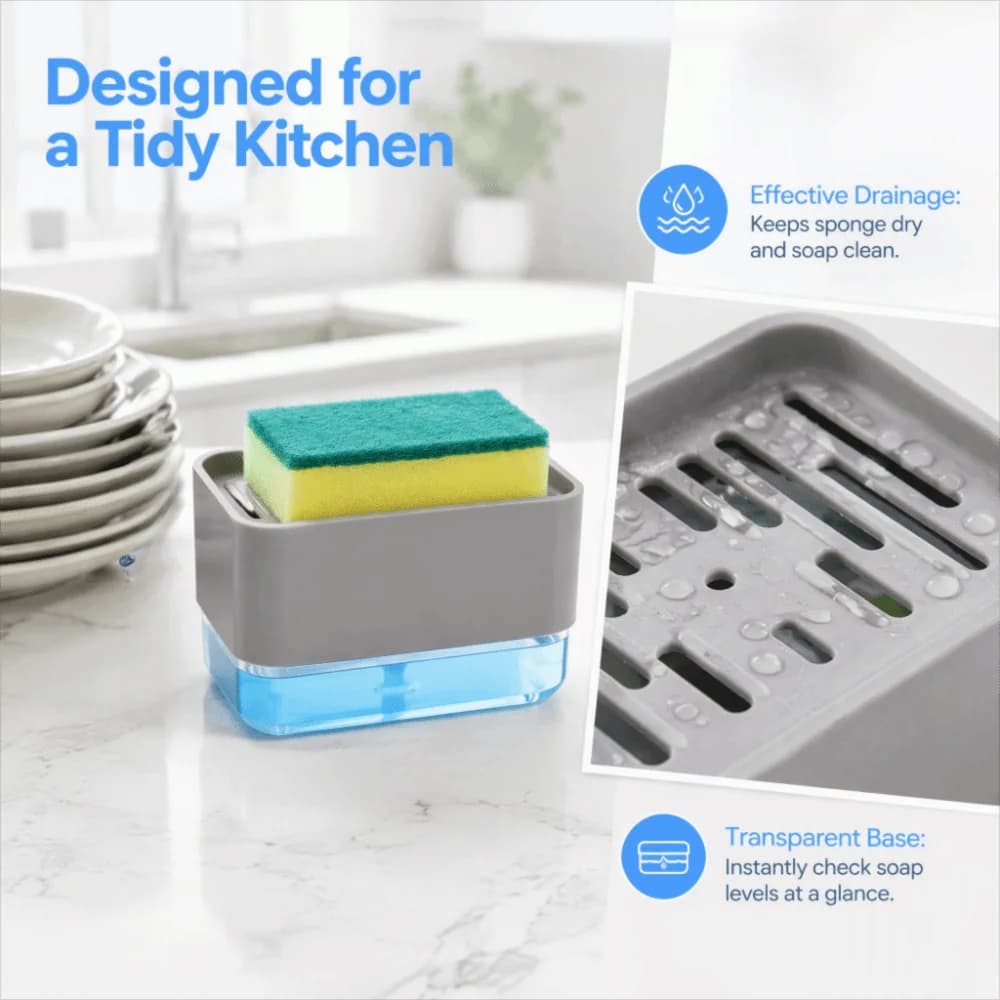 ABS PS Soap Dispenser White Grey No Waste Design Dish Soap Dispenser with Sponge Press Type Soap Dispenser Box Kitchen Cleaning