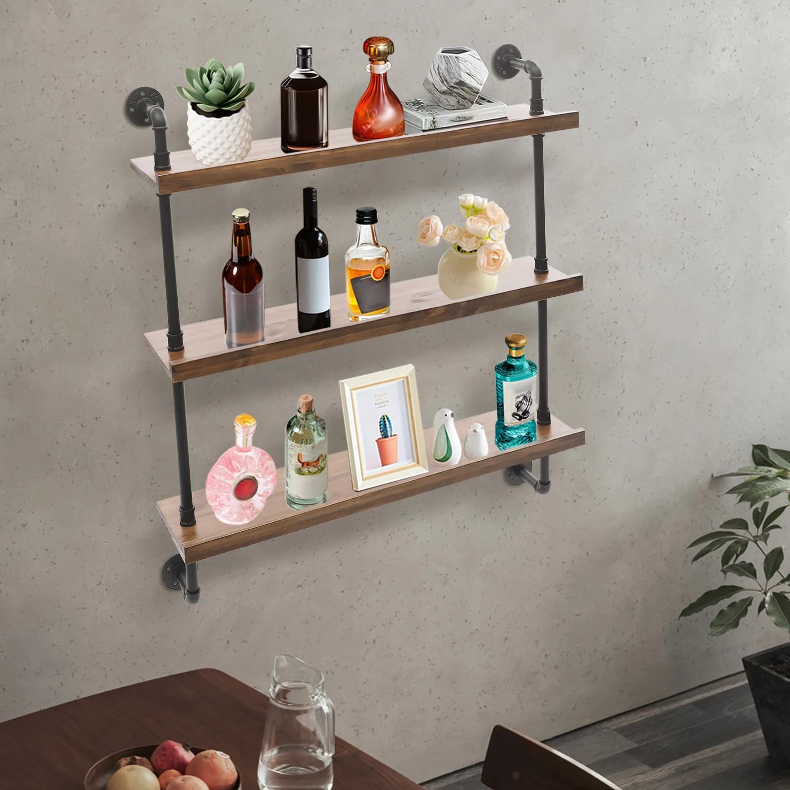 Bottiglie di vino a 3 livelli da 13,7 pollici Scaffali galleggianti Display Organizzatore di stoccaggio per bar di casa Portabottiglie Portabottiglie da vino a parete