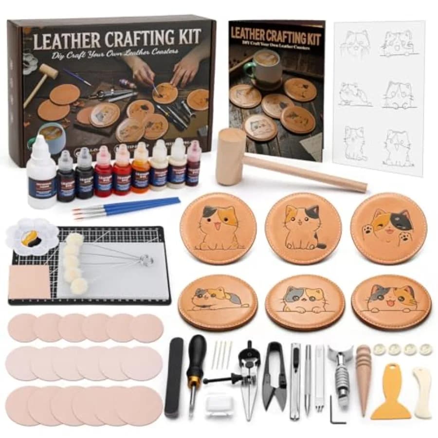 Kit per Lavorazione Pelle, Set per Creare Sottobicchieri con Strumenti e Accessori per Intaglio, Taglio, Punzonatura, Tintura e Cucitura