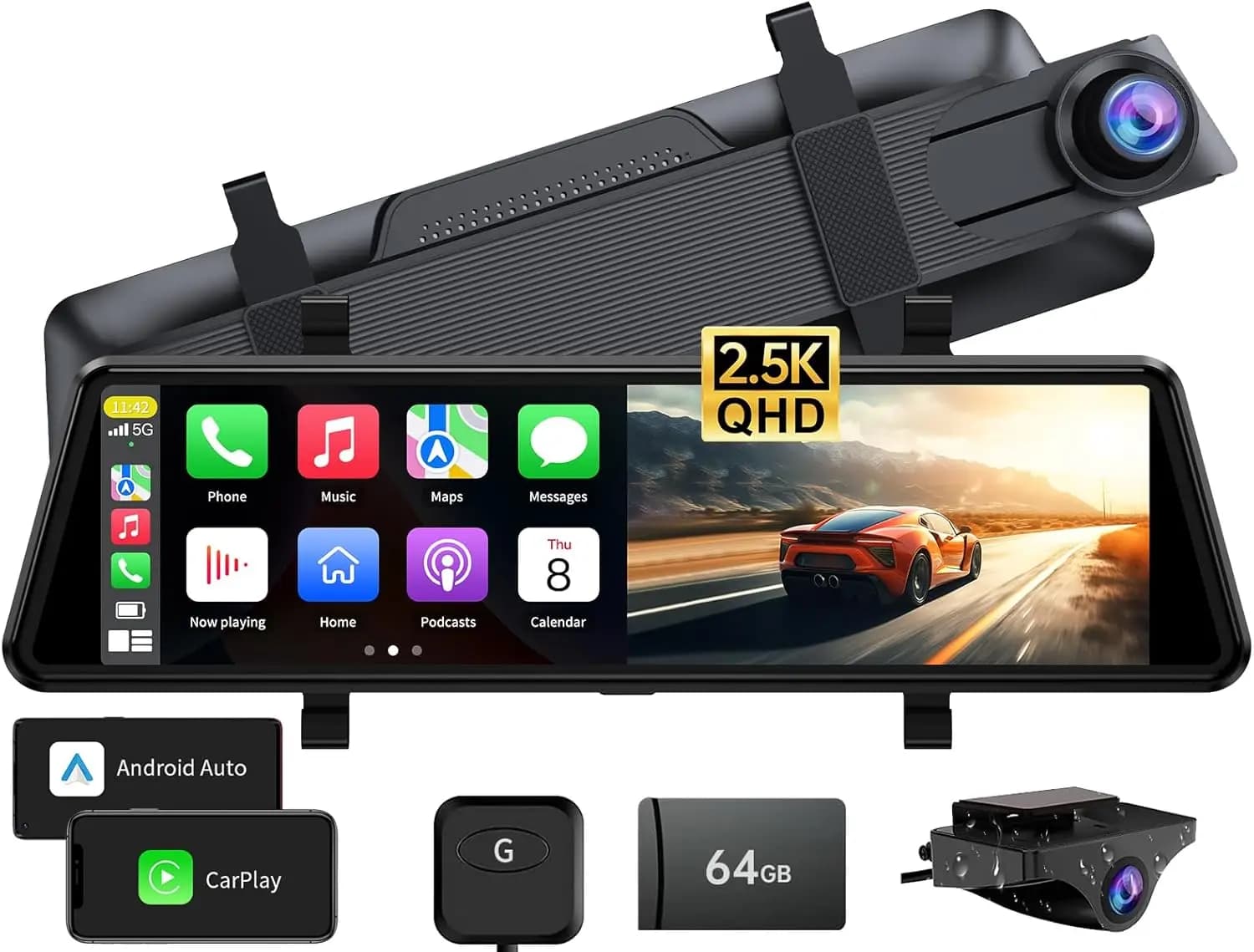 C810 Dash Cam a specchio CarPlay - Posteriore 2,5K, Visione notturna HDR, Audio FM/wireless, Installazione facile da 10 minuti, Resistente alle alte temperature