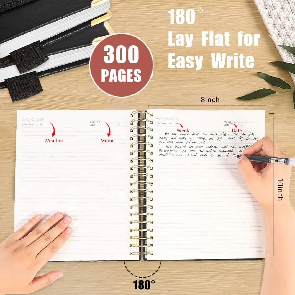 300 Pages PU Leather Notebook Thick Paper Smooth Writing Twin Coil Binding 360° Folding No Ink Bleed Paper Journal School Use
