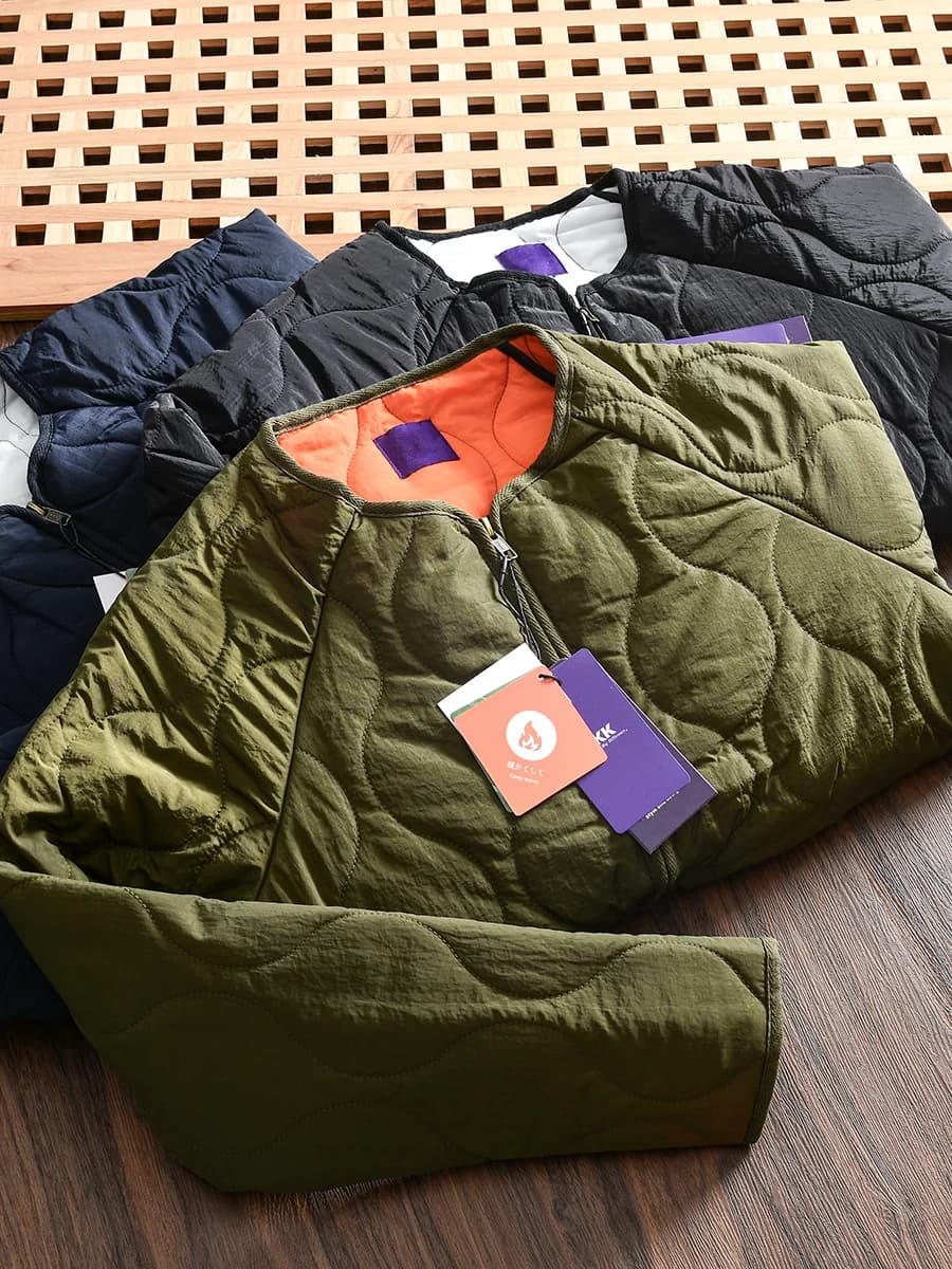 Thickened Sewn Cotton Jacket for Men Casual Loose Neckless Polyester Fiber Winter Warm Outerwear Zipper Closure Standard Fit