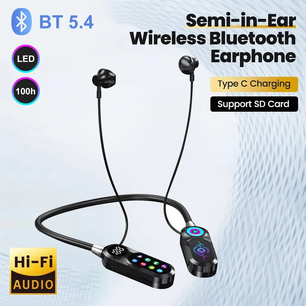 Bluetooth earphones with wireless neck arch with LED screen Sports gaming heads for music HiFi Magnetic suspended neck headphones