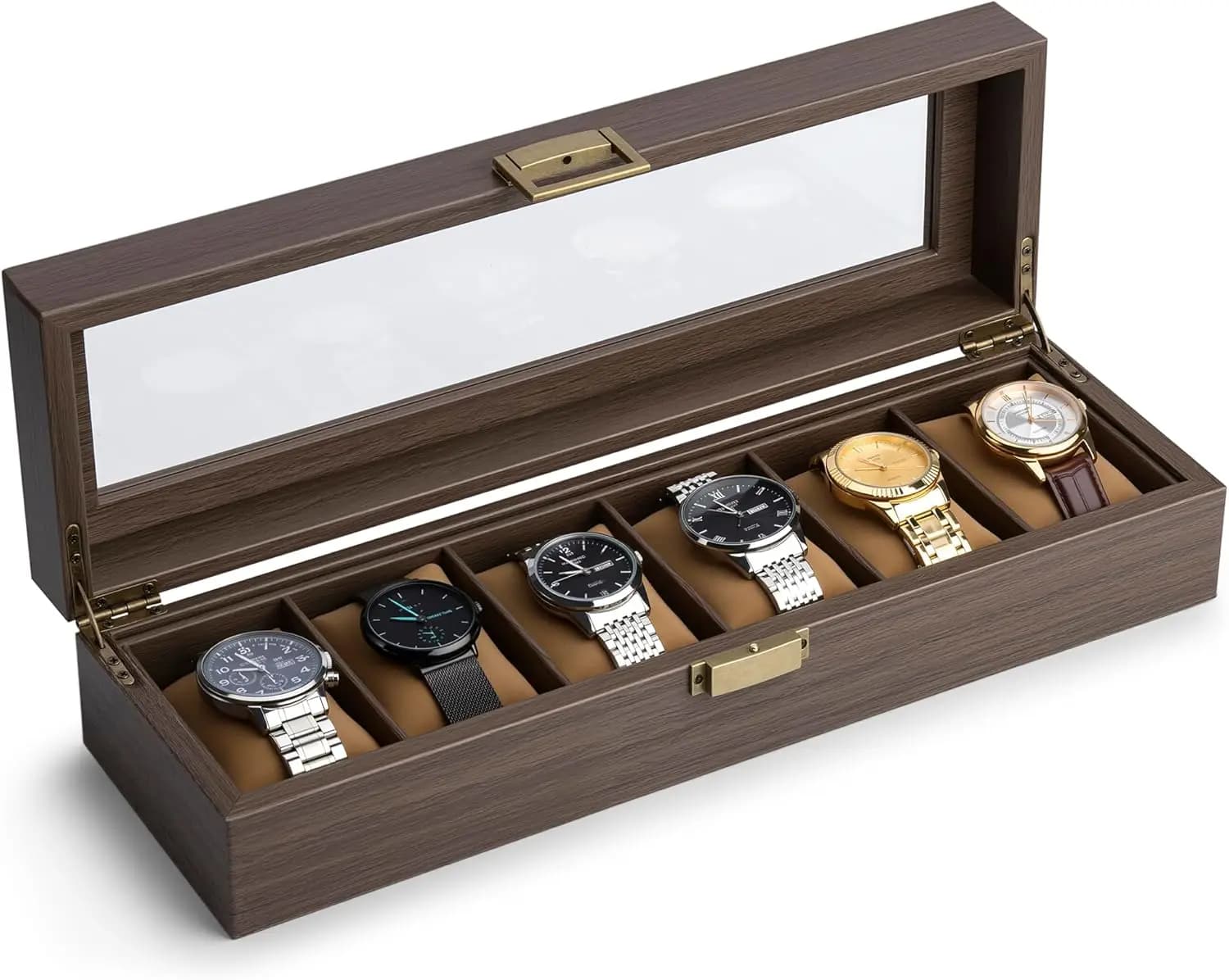 Espositore per Orologi in Legno a 6 Scomparti con Coperchio in Vetro, Organizzatore Elegante e Resistente per Uomo
