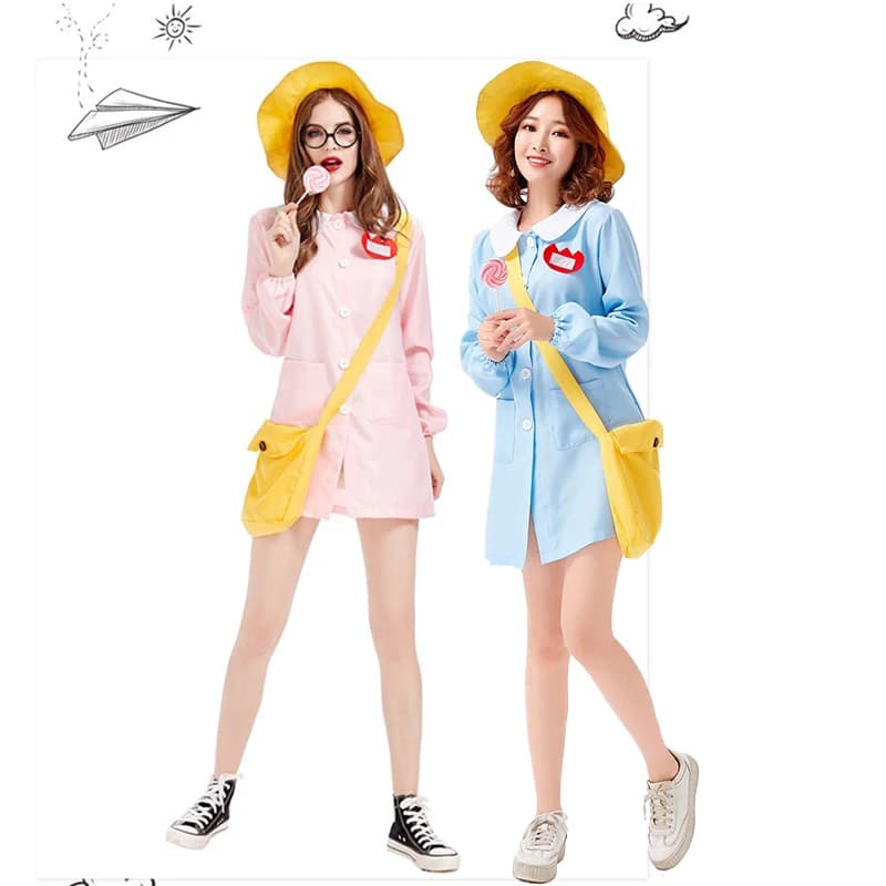 Yuanqi Girls Kindergarten Style Dress Set Candy colored Uniform+Yellow Hat+Shoulder Bag Halloween Party cosplay