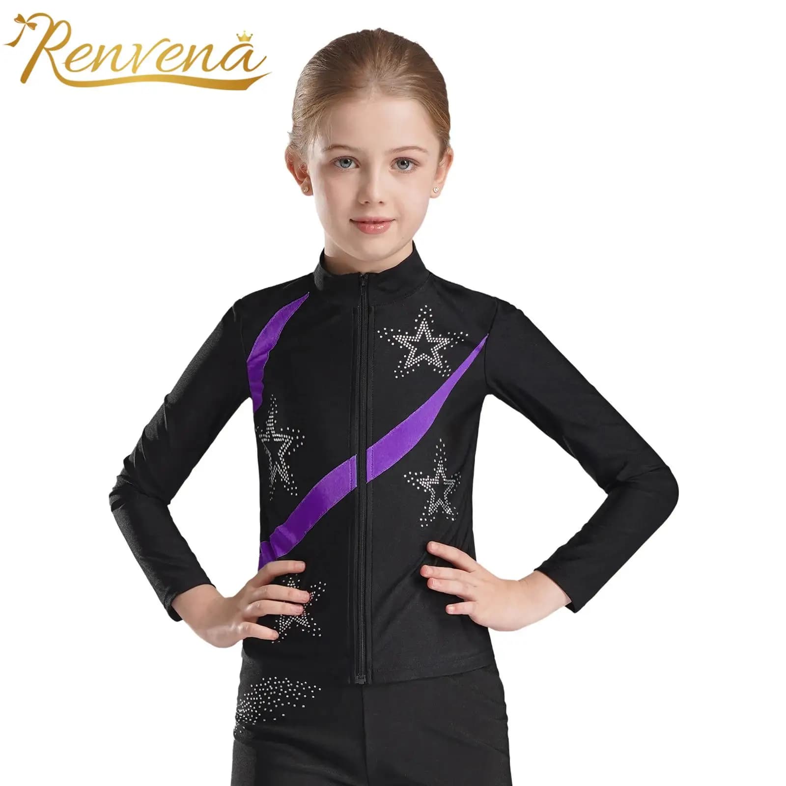 Giacca da ginnastica per bambina, con strass lucidi, stella sportiva, felpa con cerniera a maniche lunghe per cappotti da pattinaggio di figura da allenamento