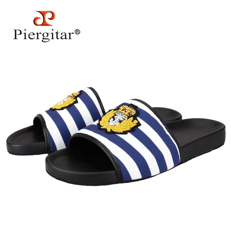 Piergitar Blue And White Checkered Canvas Men Sandals With Royal Style Handmade Crown Embroidery Patches Classic Model Slippers