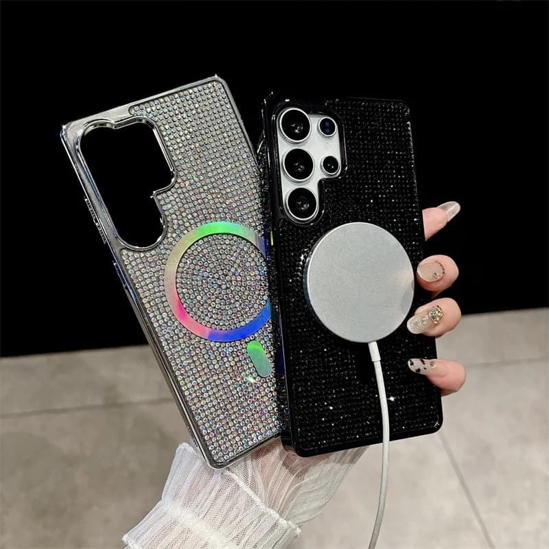 Custodia Magnetica Lusso Glitter Strass per Samsung Galaxy S25 S24 S23 S26 Ultra Plus con Ricarica Wireless e Antiurto