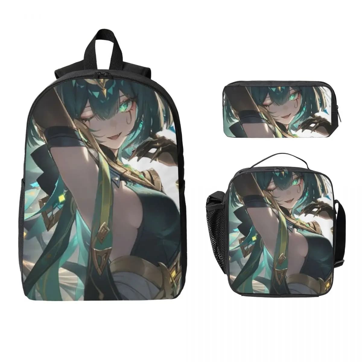 Zaino Genshin Impact Nefer Armpit Leak, Borsa per Studenti, Borsa per la Scuola, Borsa a Tracolla per Computer, Set 3 Pezzi con Borsa Termica per il Pranzo e Astuccio