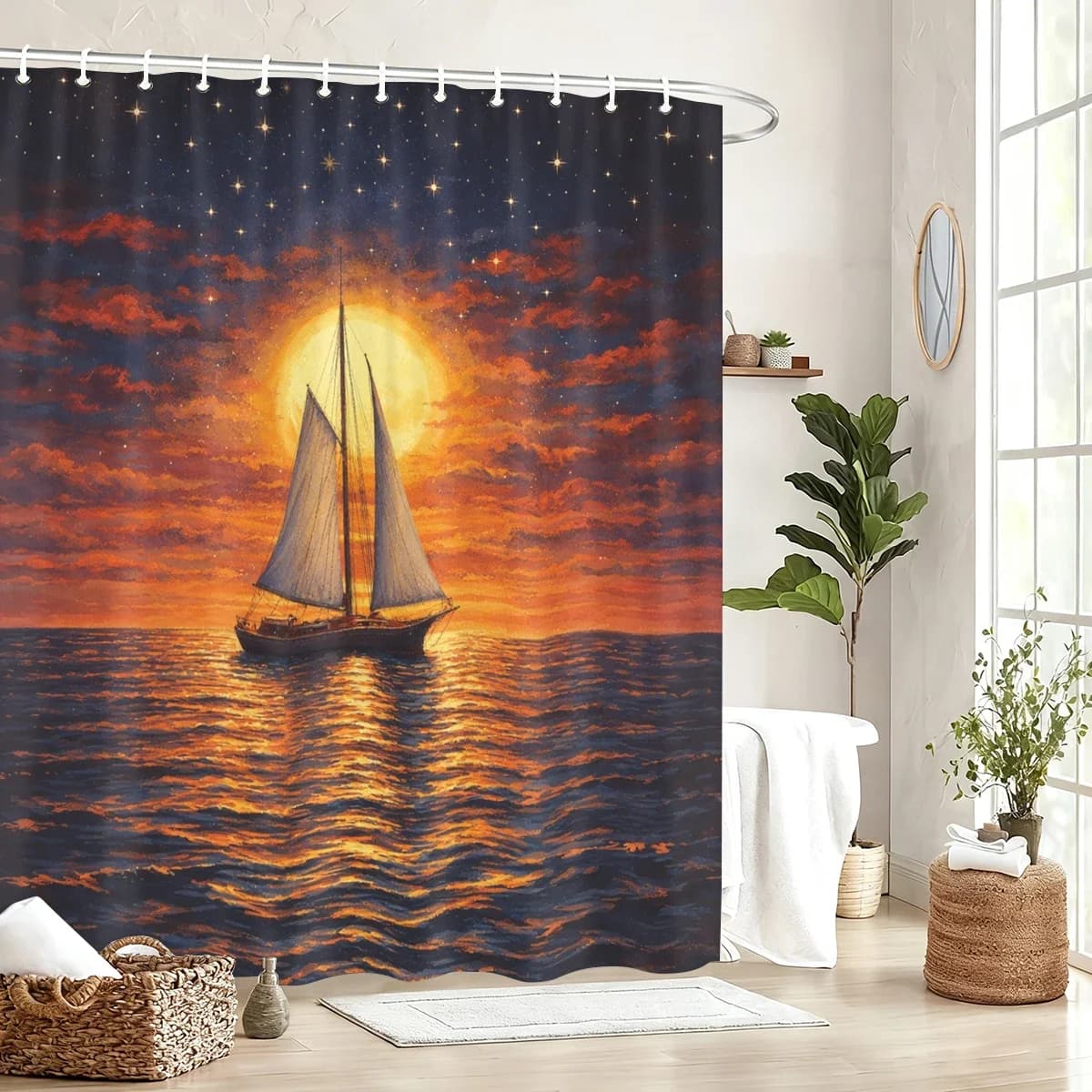 Vivid Scene Pattern Polyester Shower Curtain - Decorative Bath Curtain with Fantasy, Nature & Marine Themed Prints for Bathroom