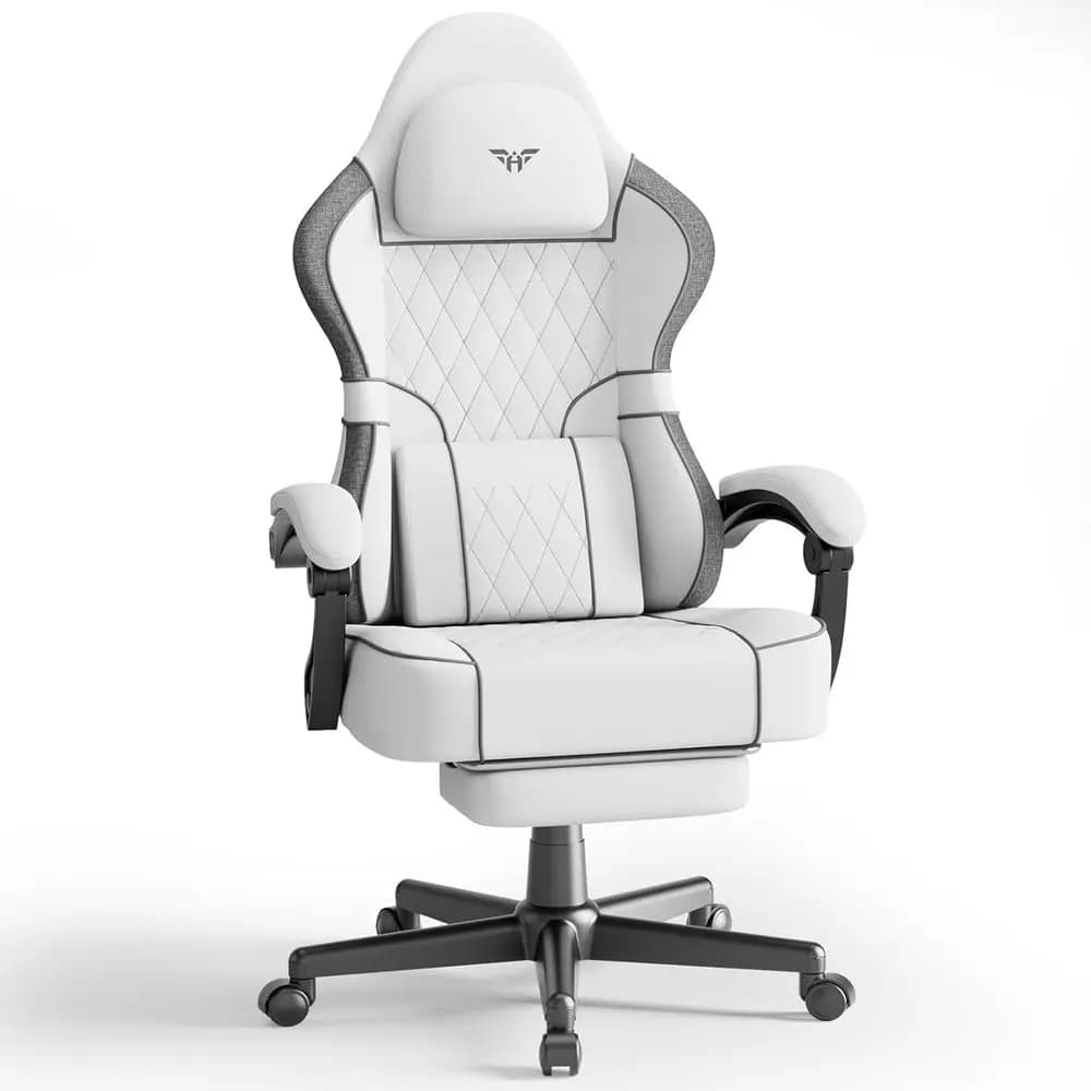 Sedia da Gaming Ergonomica in Tessuto Traspirante con Poggiapiedi, Braccioli Regolabili, Supporto Lombare Alto e Cuscino Lombare Massaggiante per Adulti