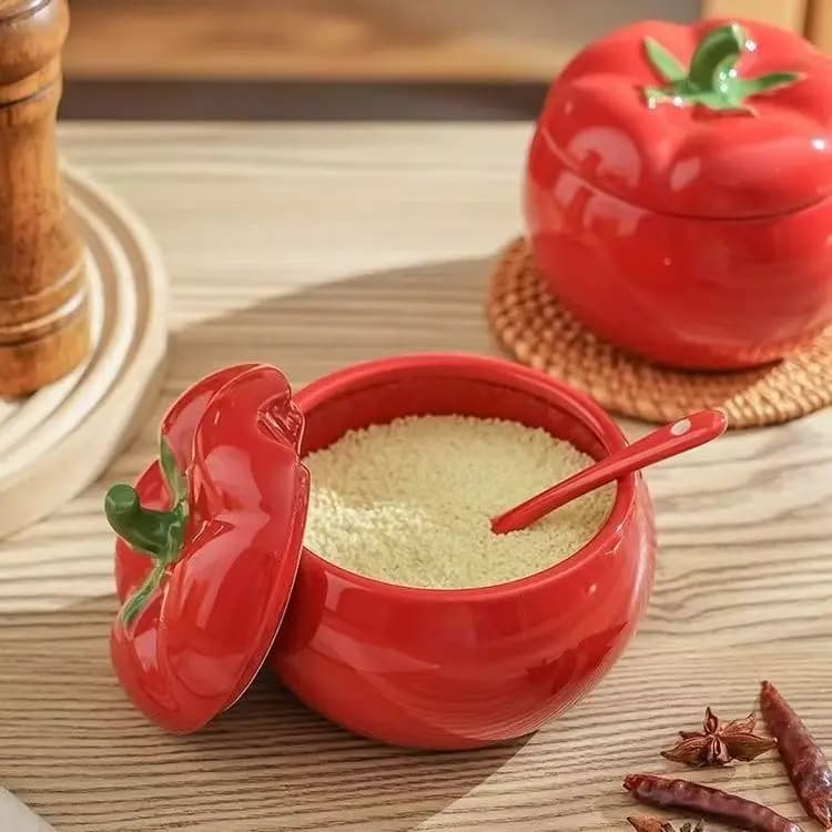 Creative Sugar Bowl Tomato Ceramic Spice Jar with Spoon Storage Jar Kitchen Table Seasoning Container Christmas Home Decoration