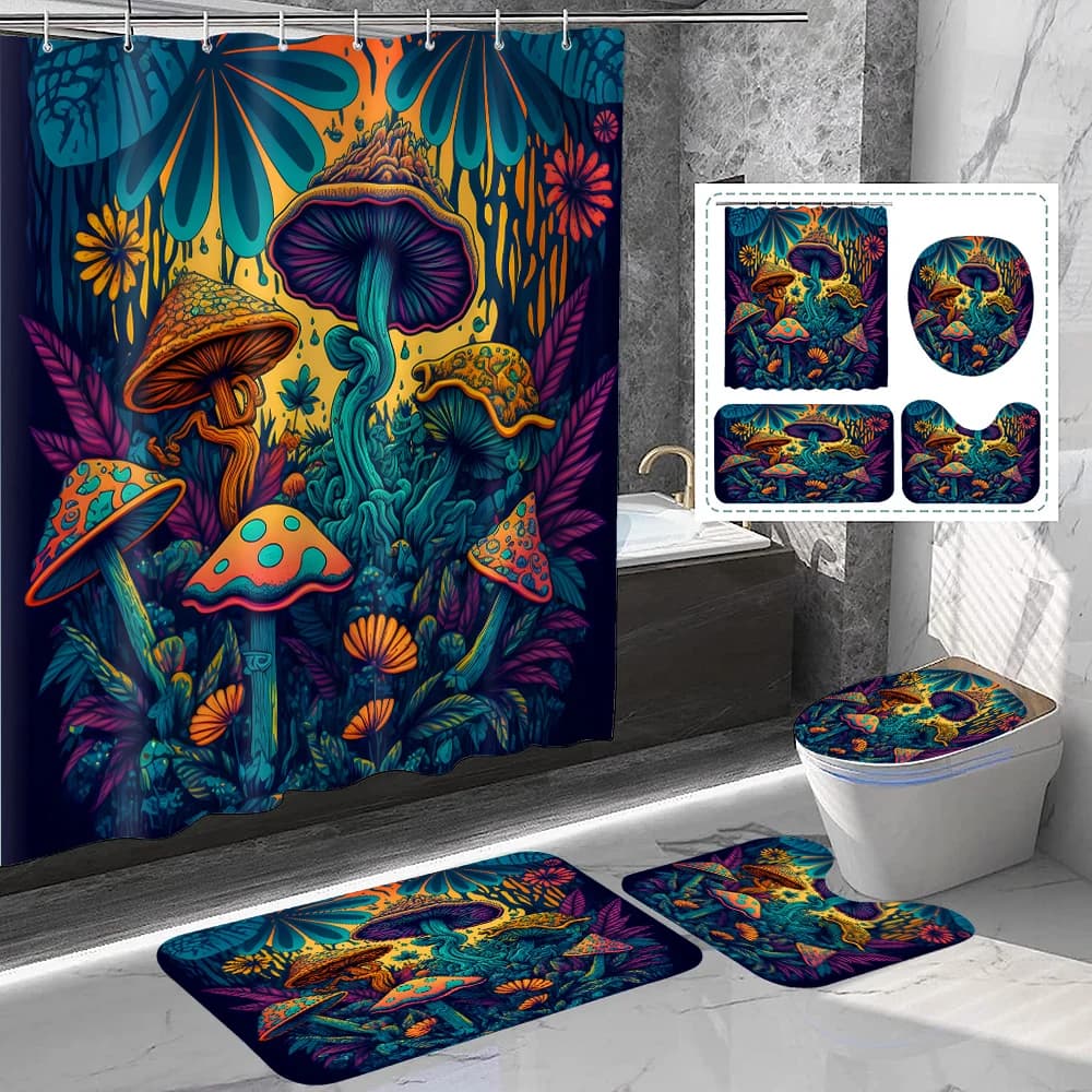 4-piece set of daisy and yellow mushroom printed waterproof shower curtains with 12 hooks and bathroom floor mats