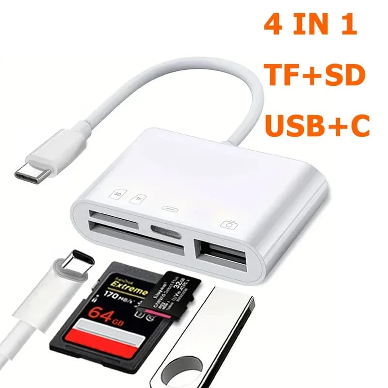 Lettore di schede OTG USB 4 in 1 Scheda SD/TF compatibile con memoria per fotocamera per iPhone 16 Samsung Huawei Xiaomi Ricarica rapida