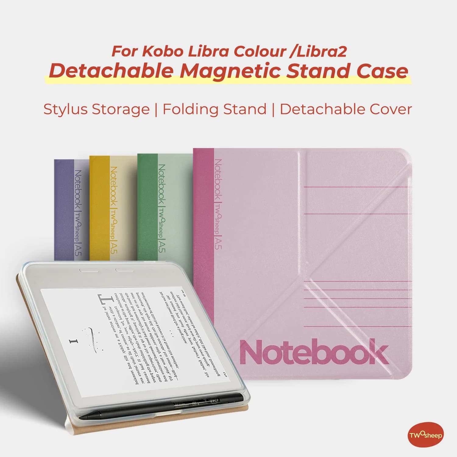 Twosheep Campus Detachable Magnetic Case suit for Kobo Libra Colour Libra2 Pen Holder Stand Acrylic Clear Shell Smart Cover