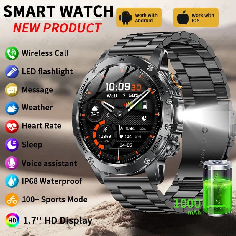 New 1000mAh Battery Smart Watch Men LED Flashlight IP68 Waterproof Bluetooth Call AMOLED Sport Run Outdoors Military Smartwatch