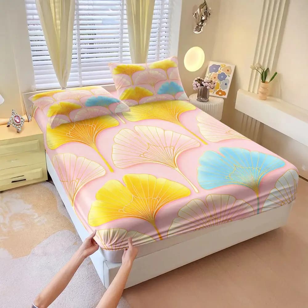 Golden Ginkgo Leaf Print Fitted Sheet Set Bed Sheet Set Bedding Set No Fillers HD Print Aesthetic Adult Cover