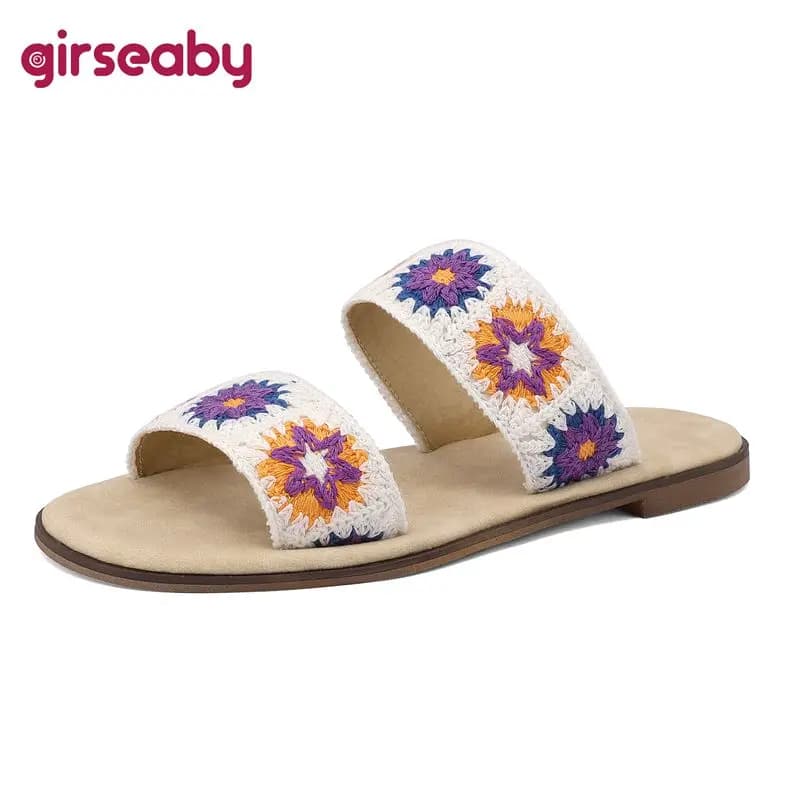 Girseaby Retro New Designer Women Sandals Round Toe Slip On Flats Mixed Color Non Slip Outdoor Daily Summer Shoes Plus Size