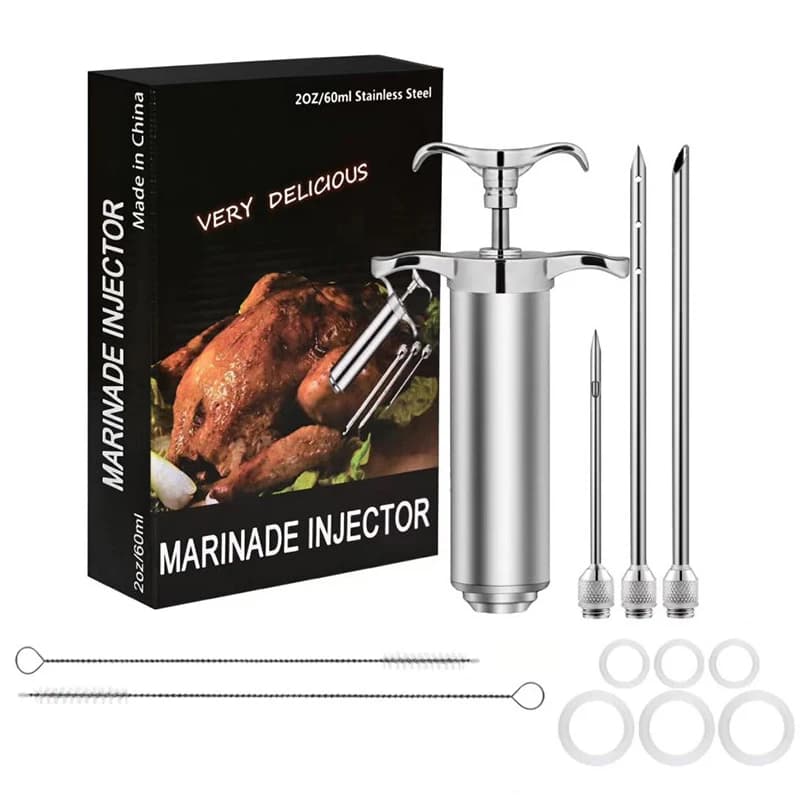 2 oz Meat Injector Syringe Kit Stainless Steel Spice Syringe with 3 Marinade Needles Beef Turkey Injector for Kitchen BBQ Grill