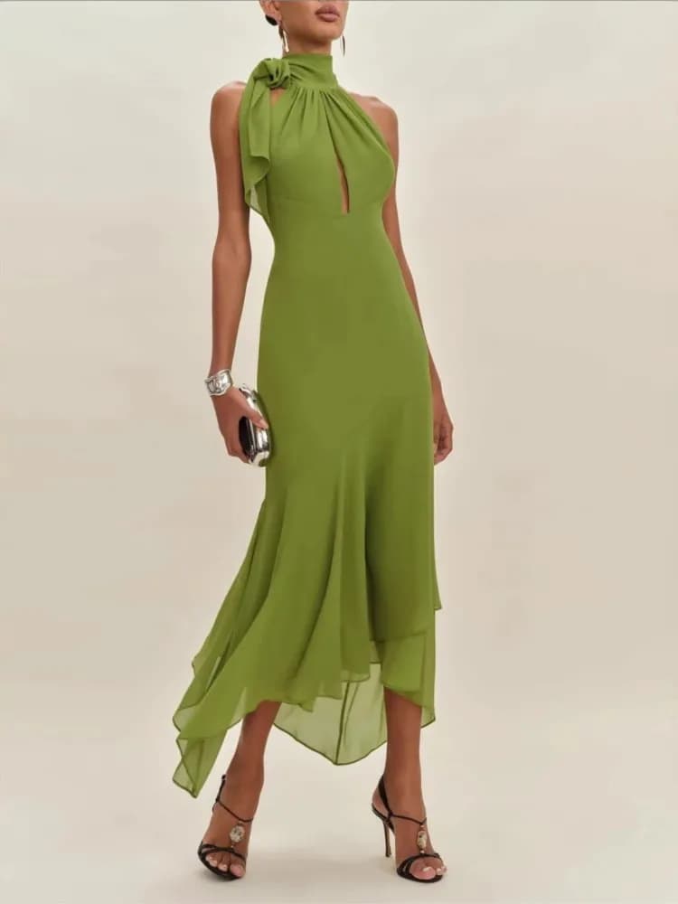 Temperamento Backless Tinta unita Abito con volant Gonna lunga sottile per le donne Stile semplice Tinta unita Leace-up Backless Abiti Chic