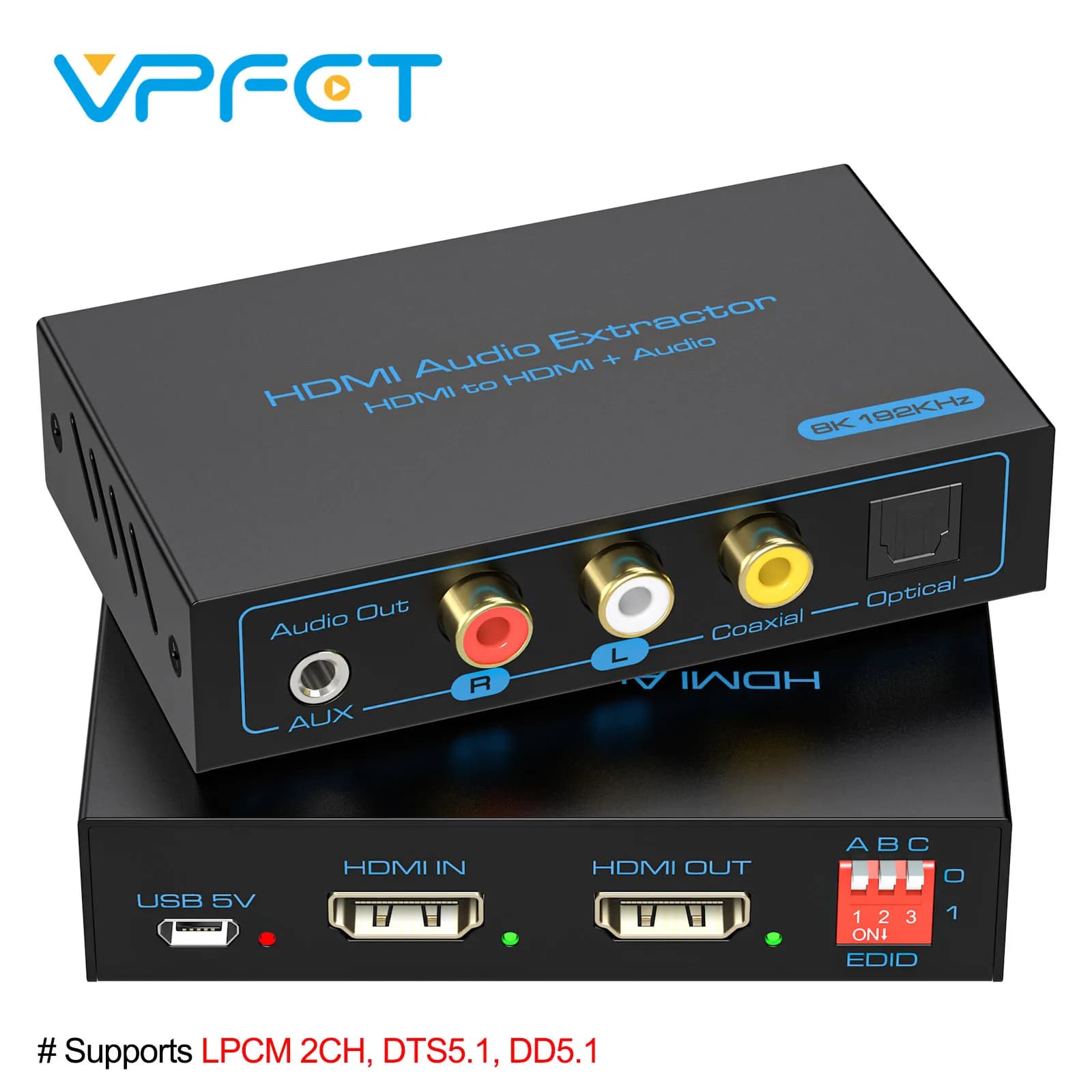 8K 60Hz HDMI 2.1 Separatore audio Uscita audio in fibra AUX Supporto 5.1CH R/L Separatore audio ad ad adattatore analogico HDCP2.1 VPFET