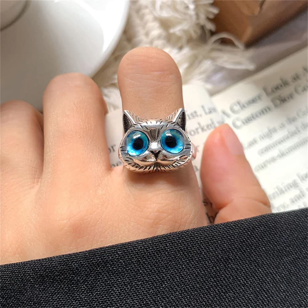 Simpatico anello per gatti in lega color argento Anello regolabile con apertura per occhi di gatto alla moda per regalo di accessori per gioielli alla moda da donna